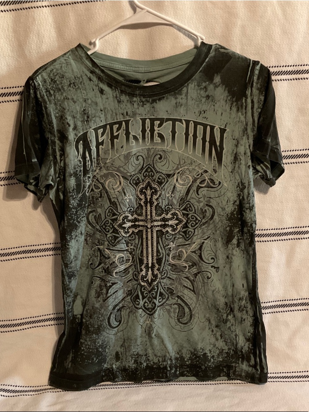 Affliction Black and Washed Green Ornate Cross Tee